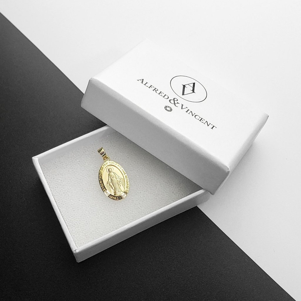 Mother Mary Miraculous Medal And Marian Cross Pendant In 14k Yellow Gold